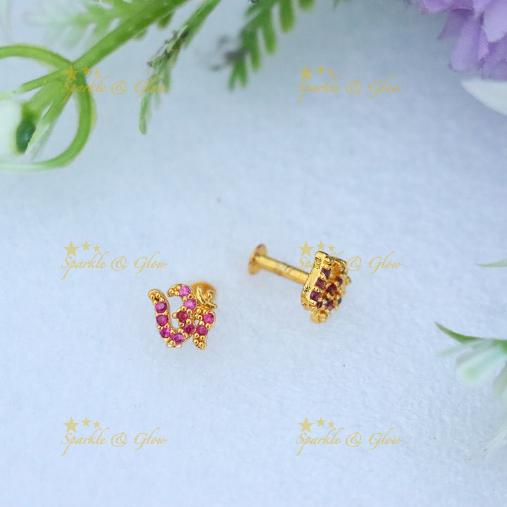 Gold Om Stud Earrings with Ruby Stones - Festive Elegance