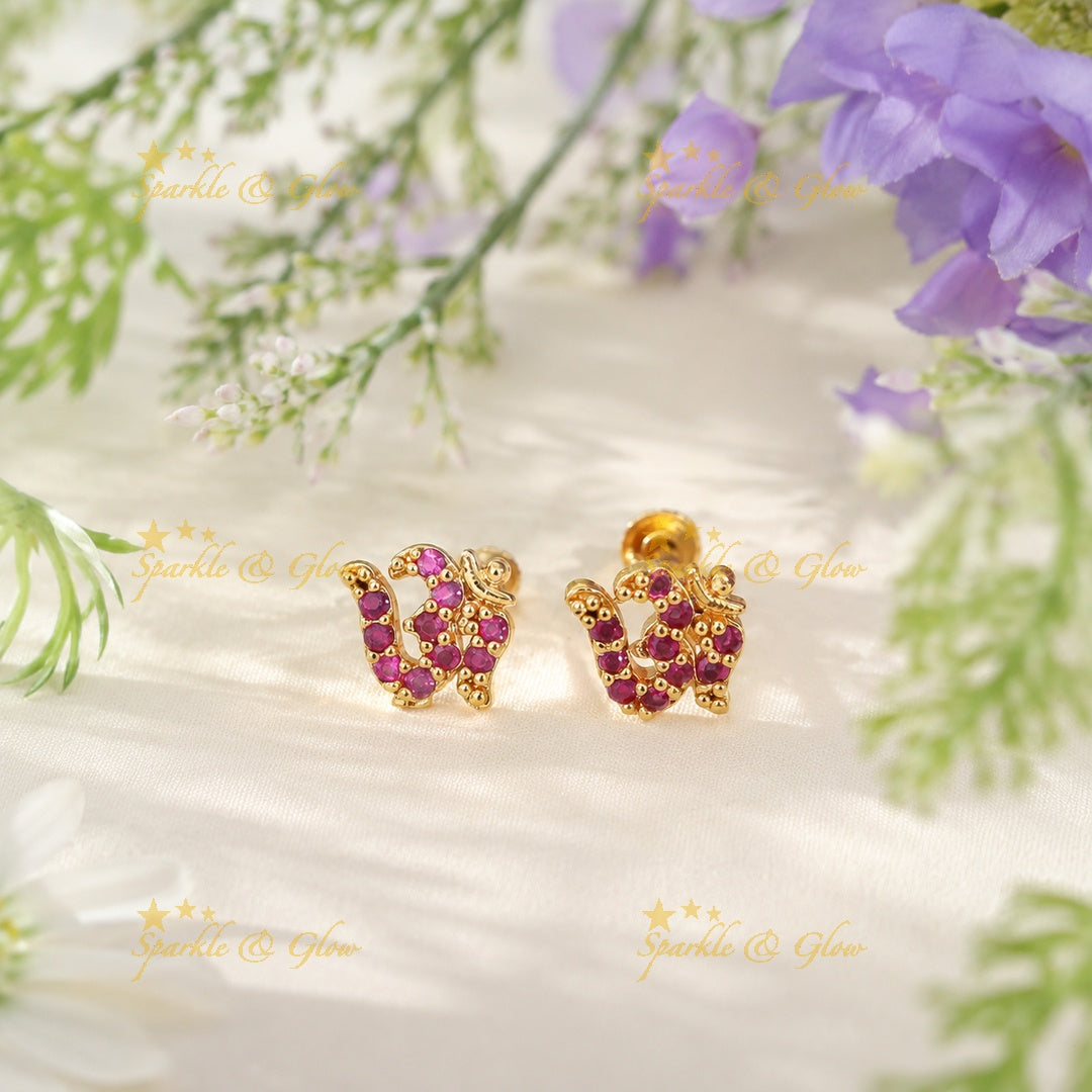 Gold Om Stud Earrings with Ruby Stones - Festive Elegance