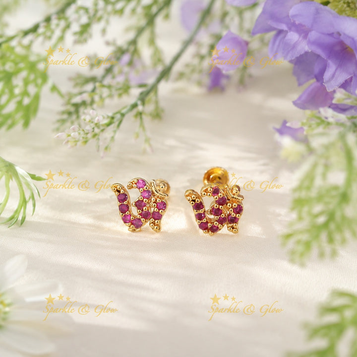 Gold Om Stud Earrings with Ruby Stones - Festive Elegance