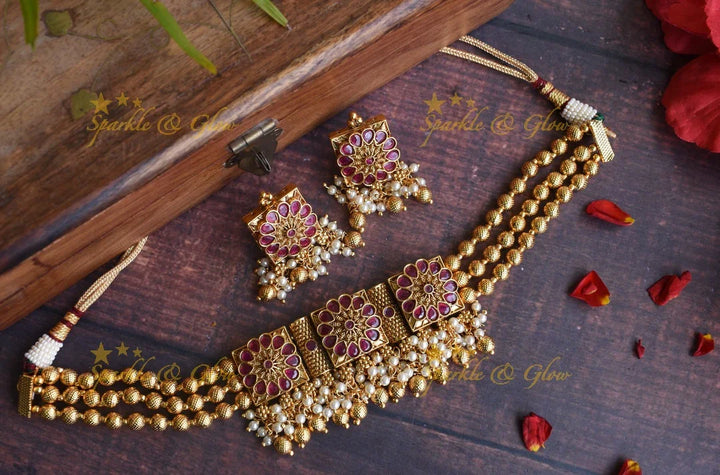 Gold alike antique gold beads flower choker - Multi - Sparkle and Glow