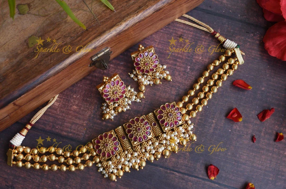 Gold alike antique gold beads flower choker - Multi - Sparkle and Glow