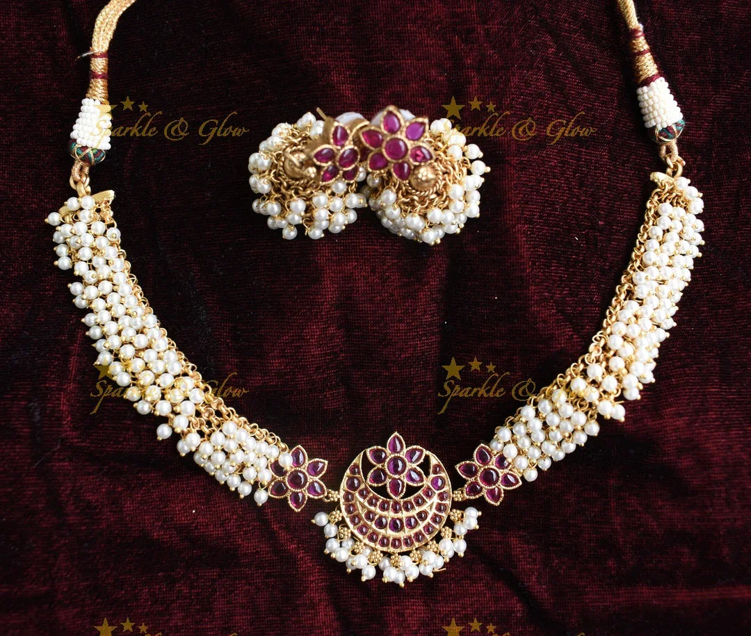 Gold alike kemp cluster choker - Pearl Multi - Sparkle and Glow