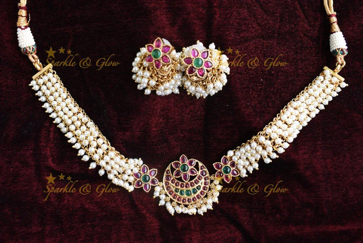 Gold alike kemp cluster choker - Pearl Multi - Sparkle and Glow