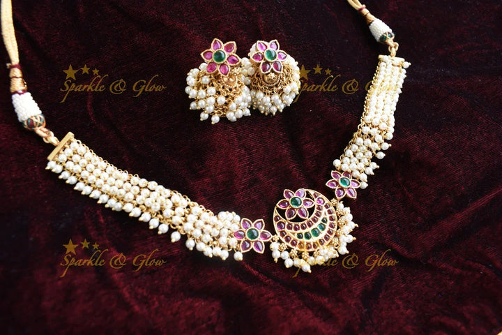 Gold alike kemp cluster choker - Pearl Multi - Sparkle and Glow