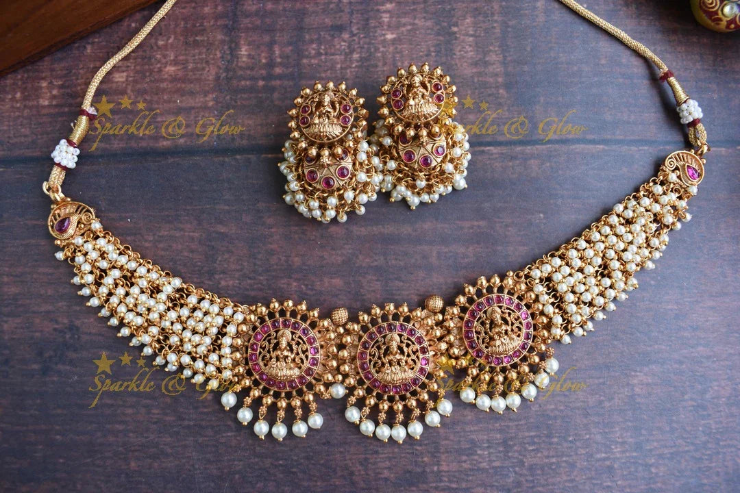 Premium matte cluster Lakshmi choker - Gold Kemp - Sparkle and Glow