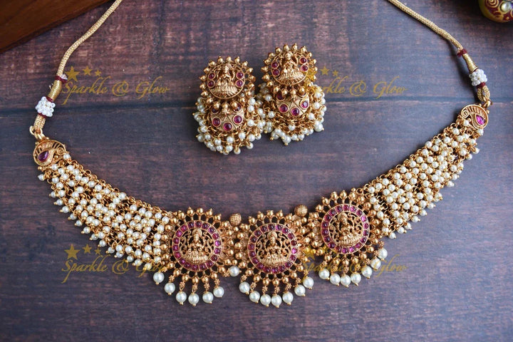 Premium matte cluster Lakshmi choker - Gold Kemp - Sparkle and Glow