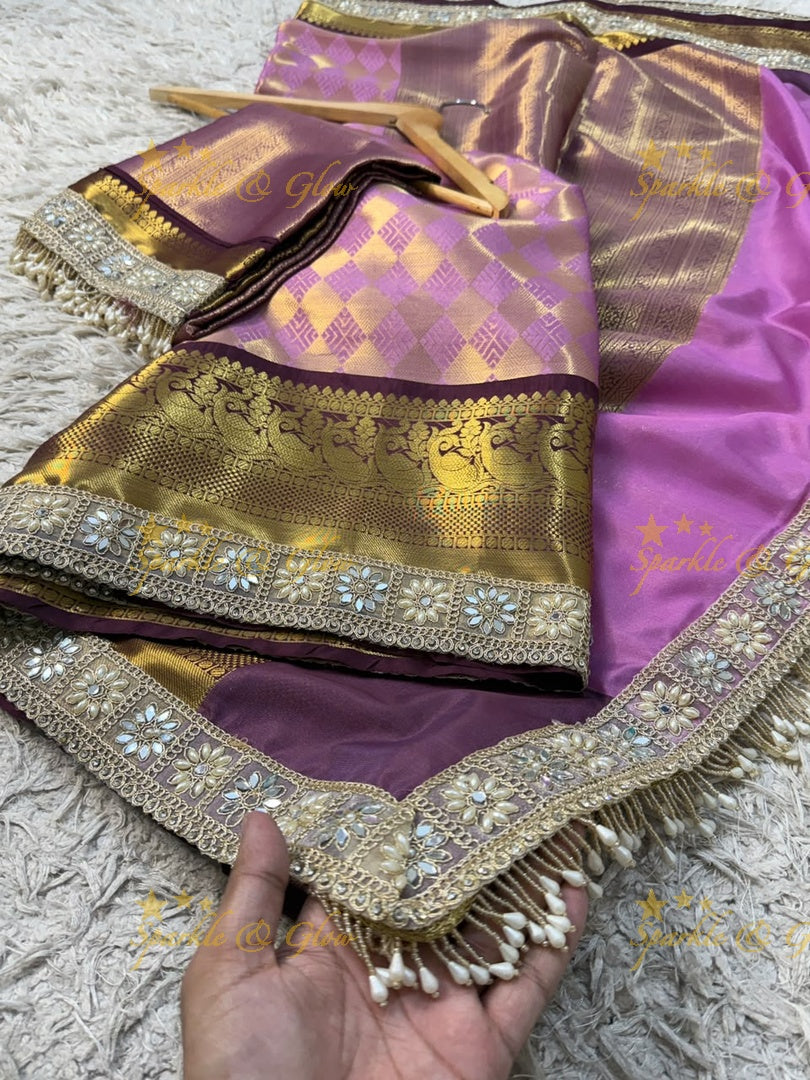 Exquisite Kanjivaram Banarasi Saree with Pearl Lace