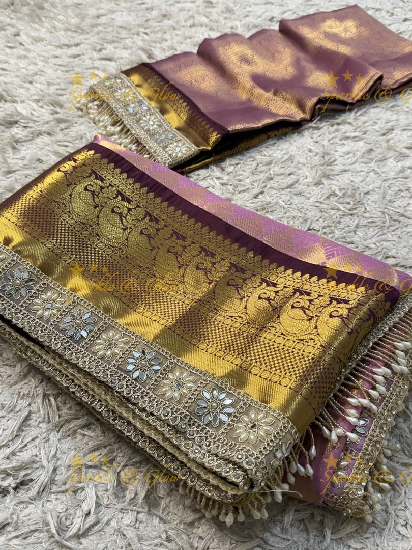 Exquisite Kanjivaram Banarasi Saree with Pearl Lace