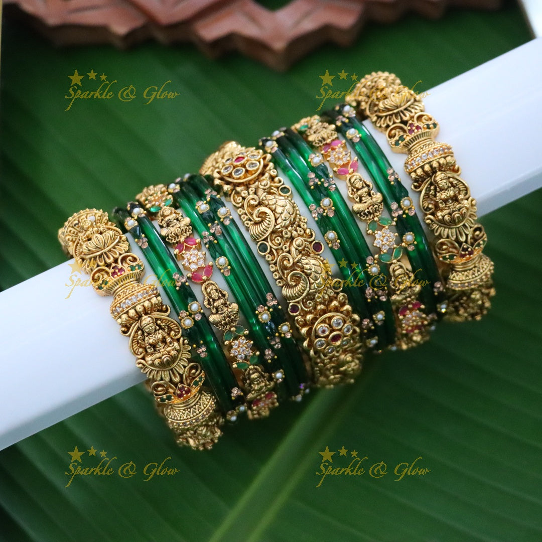 Elegant Green & Gold Bangles with Lakshmi Motif