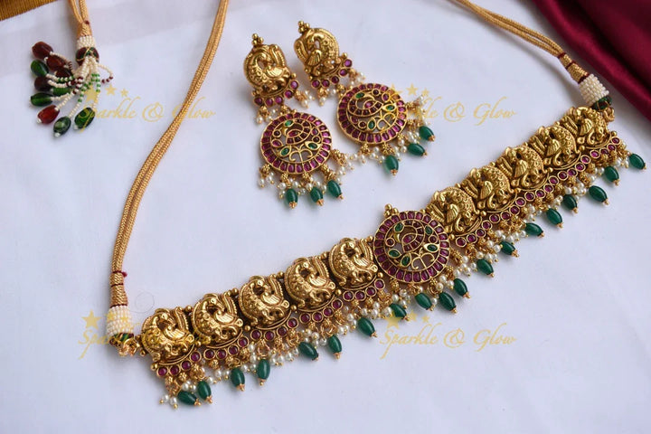 Gold alike statement Peacock choker with Green Beads - Green - Sparkle and Glow