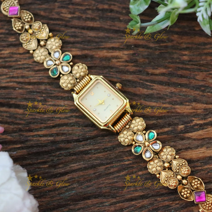 Elegant Gold Floral Watch Bracelet – Sparkle & Glow