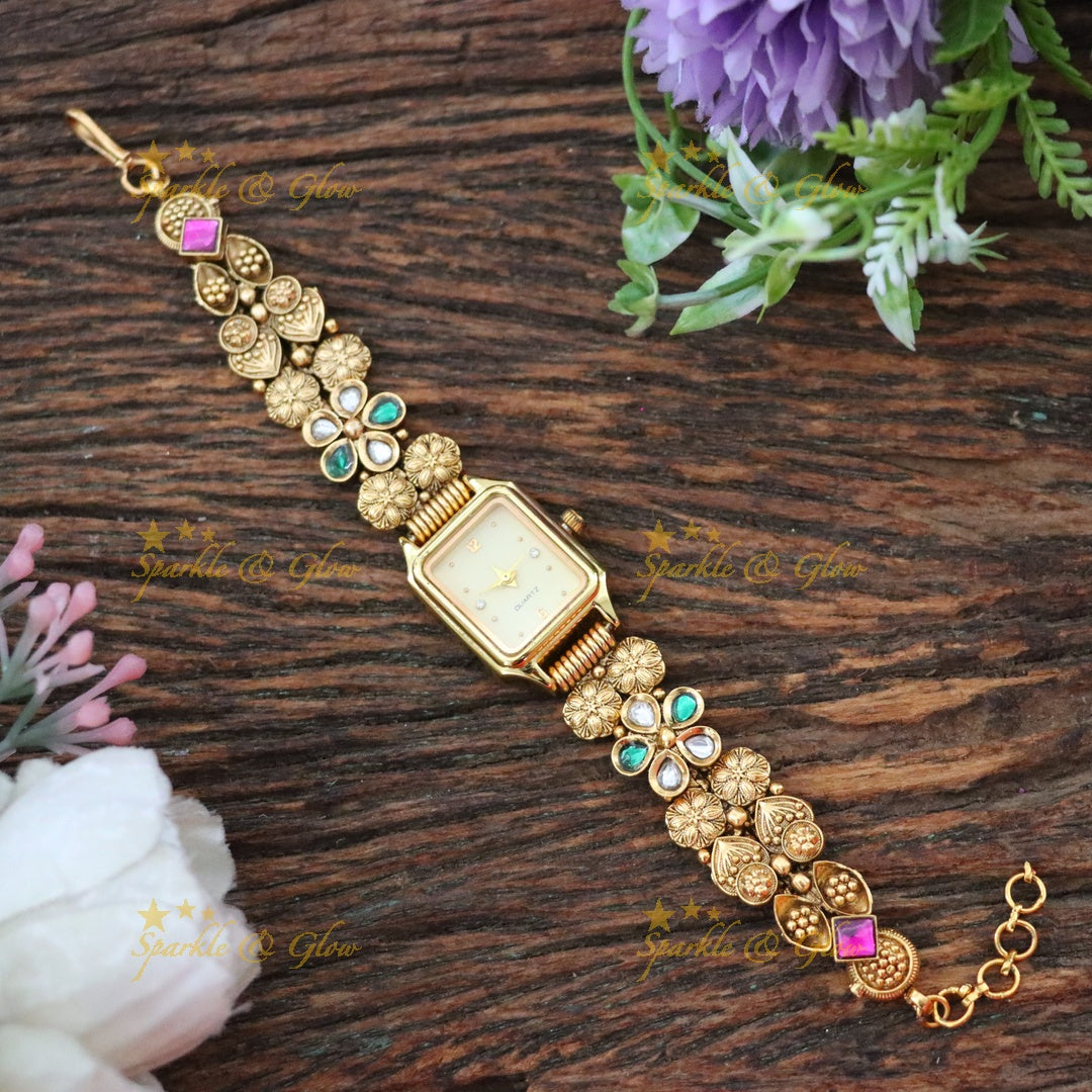 Elegant Gold Floral Watch Bracelet – Sparkle & Glow