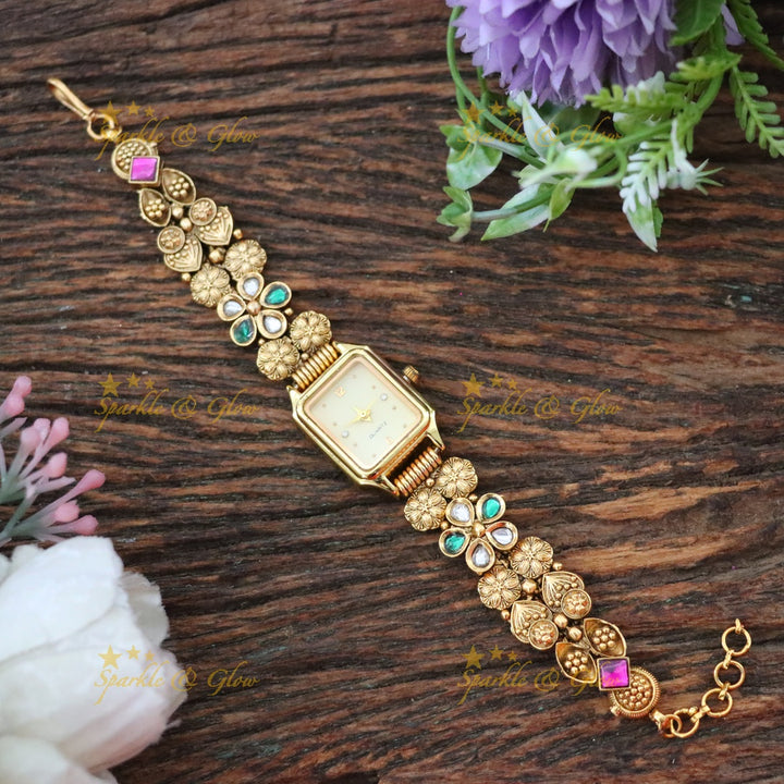 Elegant Gold Floral Watch Bracelet – Sparkle & Glow