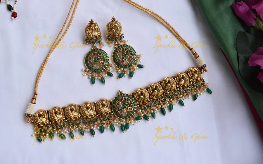 Gold alike statement Peacock choker with Green Beads - Green - Sparkle and Glow