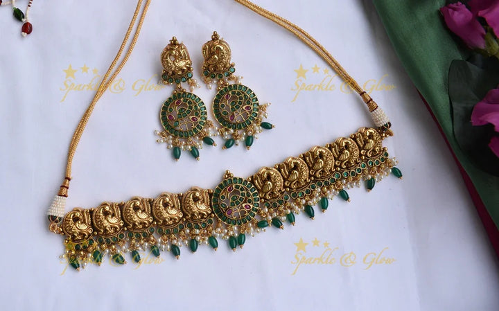 Gold alike statement Peacock choker with Green Beads - Green - Sparkle and Glow
