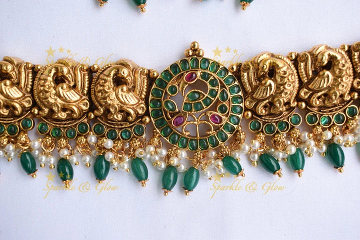 Gold alike statement Peacock choker with Green Beads - Green - Sparkle and Glow