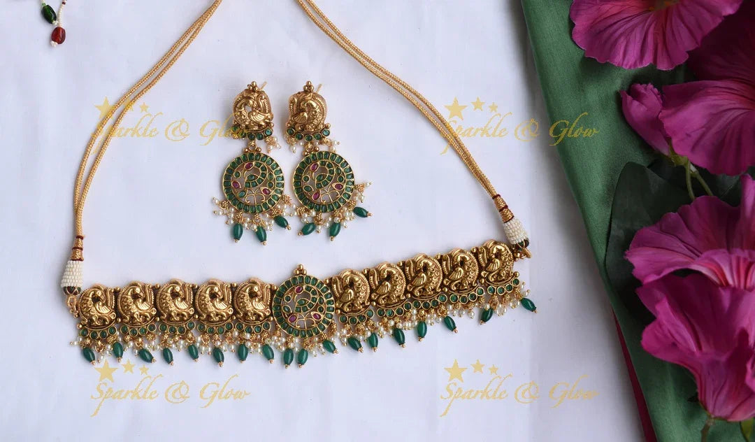 Gold alike statement Peacock choker with Green Beads - Green - Sparkle and Glow