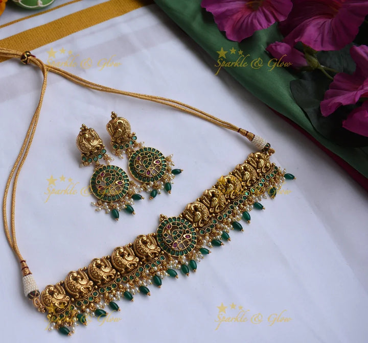 Gold alike statement Peacock choker with Green Beads - Green - Sparkle and Glow