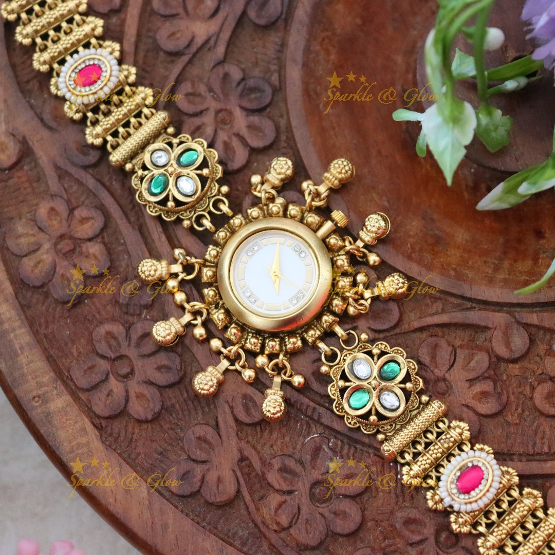 Elegant Gold-Plated Indian Watch Bracelet - Perfect for Weddings