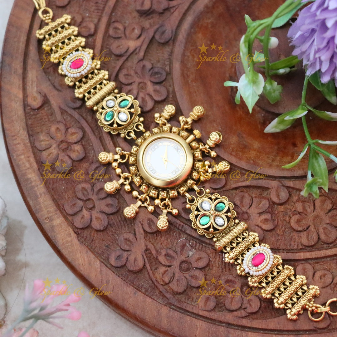 Elegant Gold-Plated Indian Watch Bracelet - Perfect for Weddings