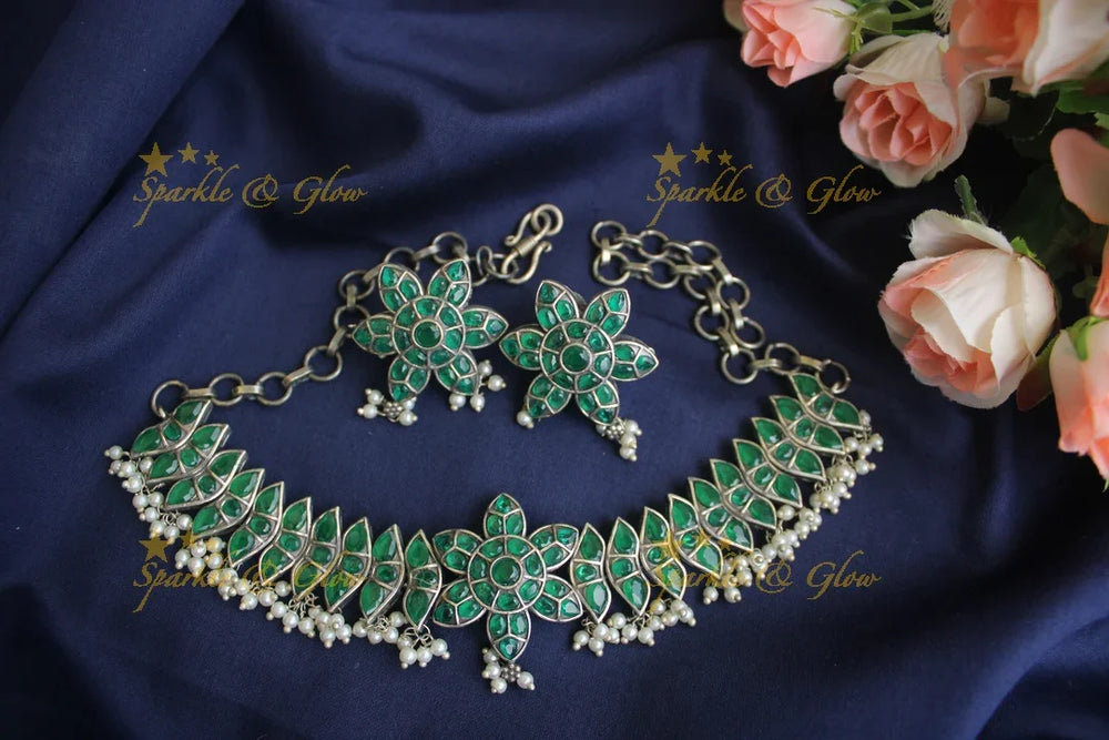 German Silver silver look alike stone floral choker - white - Sparkle and Glow