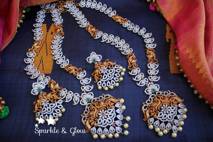 AD Stone Matte mango haram with peacock carved pendent