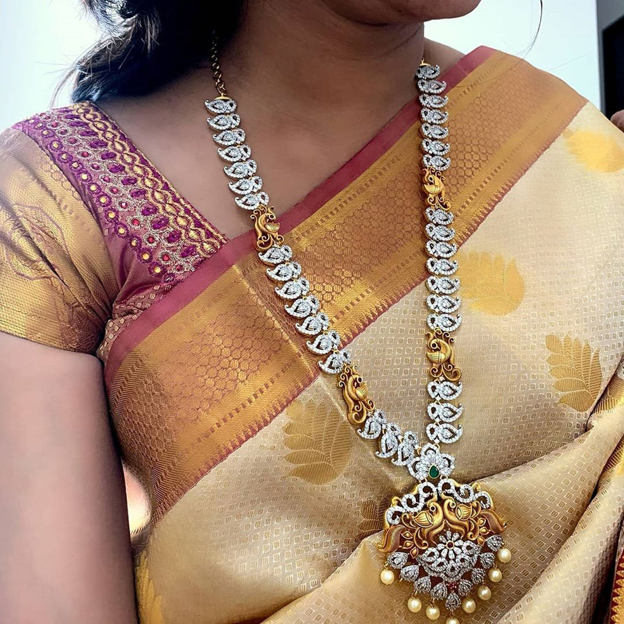 Silver polished AD Stone Matte mango haram with peacock carved pendent - Sparkle and Glow - Back Thread - 