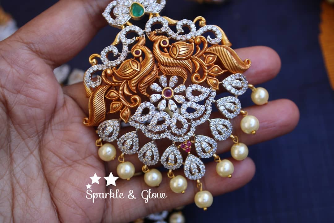 Silver polished AD Stone Matte mango haram with peacock carved pendent - Sparkle and Glow - Back Thread - 