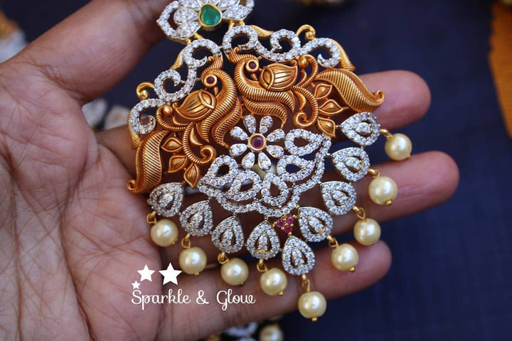 Silver polished AD Stone Matte mango haram with peacock carved pendent - Sparkle and Glow - Back Thread - 