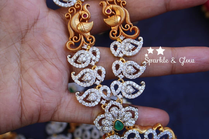 Silver polished AD Stone Matte mango haram with peacock carved pendent - Sparkle and Glow - Back Thread - 