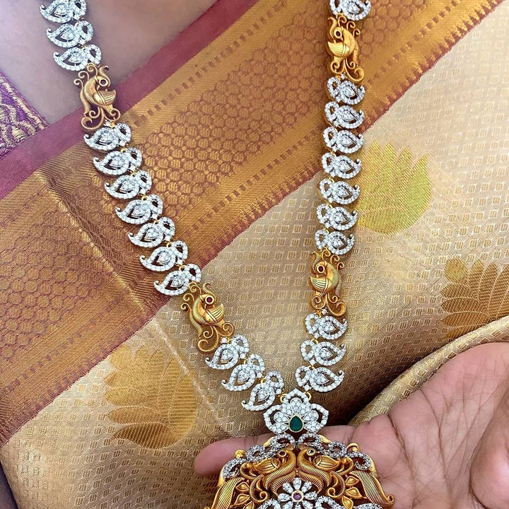 Silver polished AD Stone Matte mango haram with peacock carved pendent - Sparkle and Glow - Back Thread - 