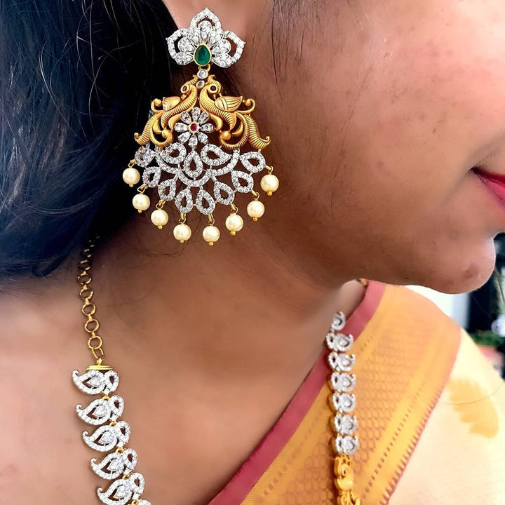 Silver polished AD Stone Matte mango haram with peacock carved pendent - Sparkle and Glow - Back Thread - 