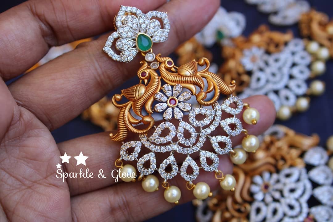 Silver polished AD Stone Matte mango haram with peacock carved pendent - Sparkle and Glow - Back Thread - 