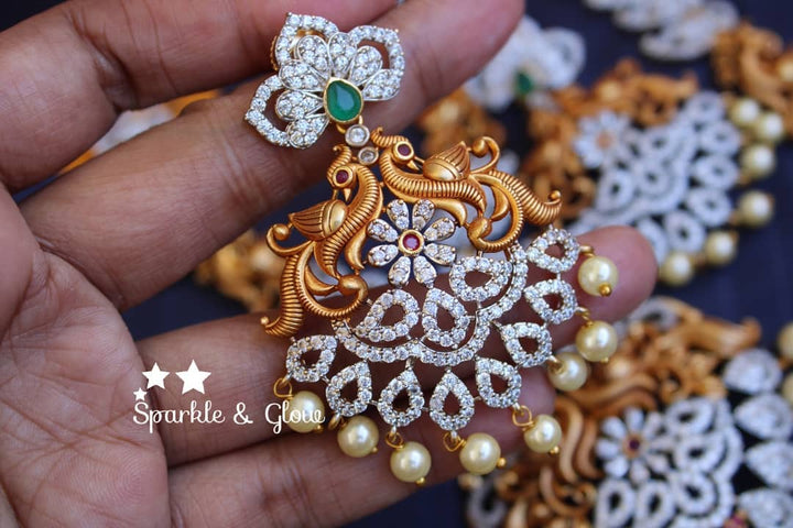 Silver polished AD Stone Matte mango haram with peacock carved pendent - Sparkle and Glow - Back Thread - 