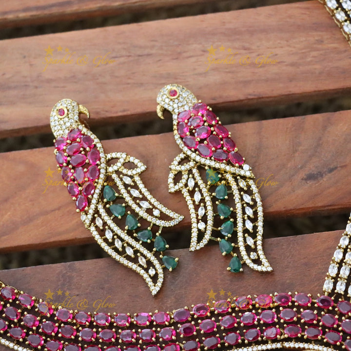 Exquisite Parrot Design AD Necklace Set for Festive Elegance