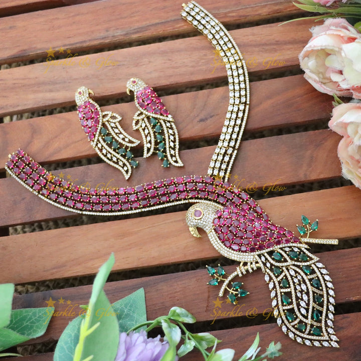 Exquisite Parrot Design AD Necklace Set for Festive Elegance