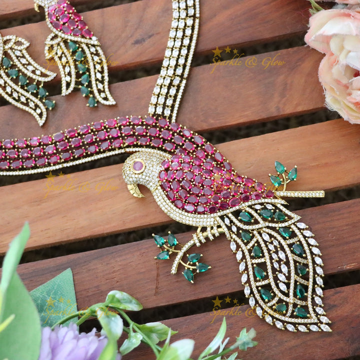 Exquisite Parrot Design AD Necklace Set for Festive Elegance