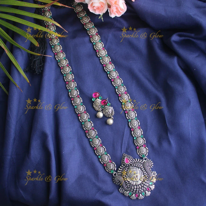 German Silver Kohlapuri Goddess Durga long necklace - Sparkle and Glow