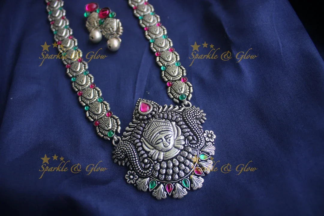 German Silver Kohlapuri Goddess Durga long necklace - Sparkle and Glow
