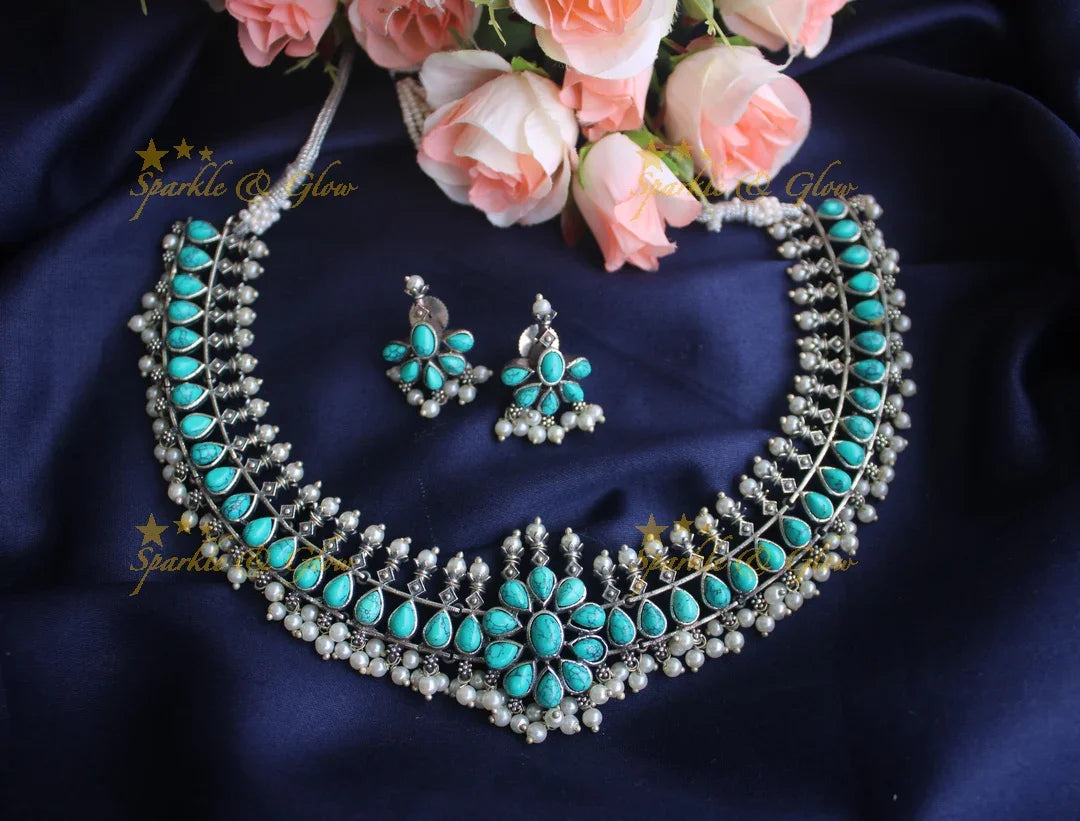 German Silver silver look alike stone floral short necklace - Mint Green - Sparkle and Glow