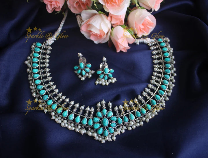 German Silver silver look alike stone floral short necklace - Mint Green - Sparkle and Glow
