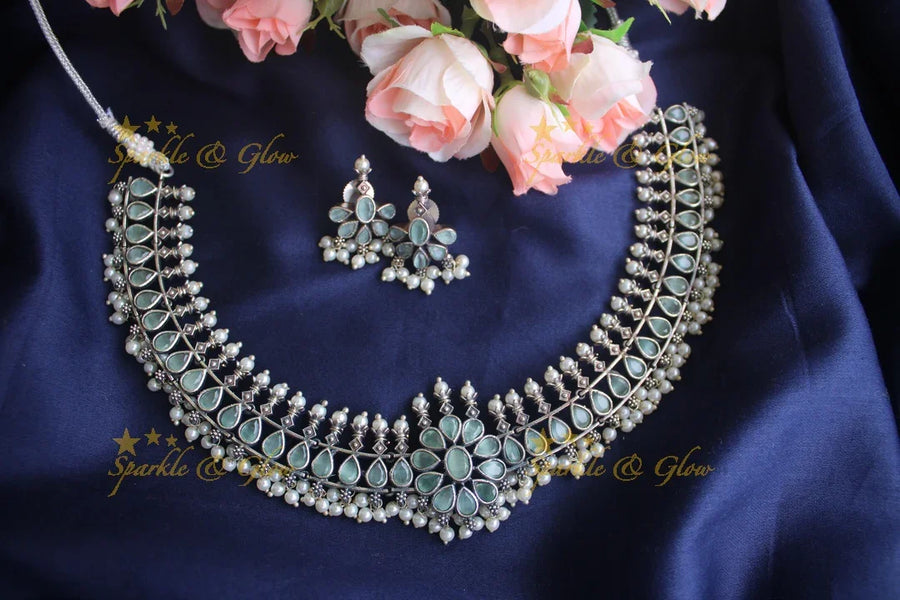 German Silver silver look alike stone floral short necklace - Mint Green - Sparkle and Glow