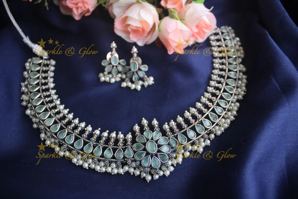 German Silver silver look alike stone floral short necklace - Mint Green - Sparkle and Glow