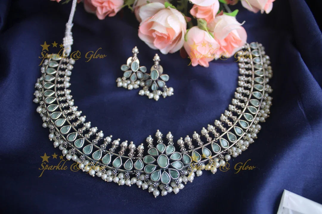German Silver silver look alike stone floral short necklace - Mint Green - Sparkle and Glow