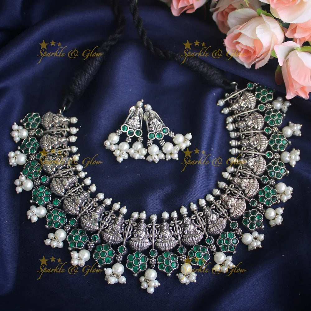 German Silver silver look alike Lakshmi Stone gutta pusalu necklace - Blue - Sparkle and Glow