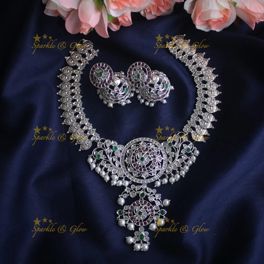 Matte silver cz stone Lakshmi coin necklace - Sparkle and Glow