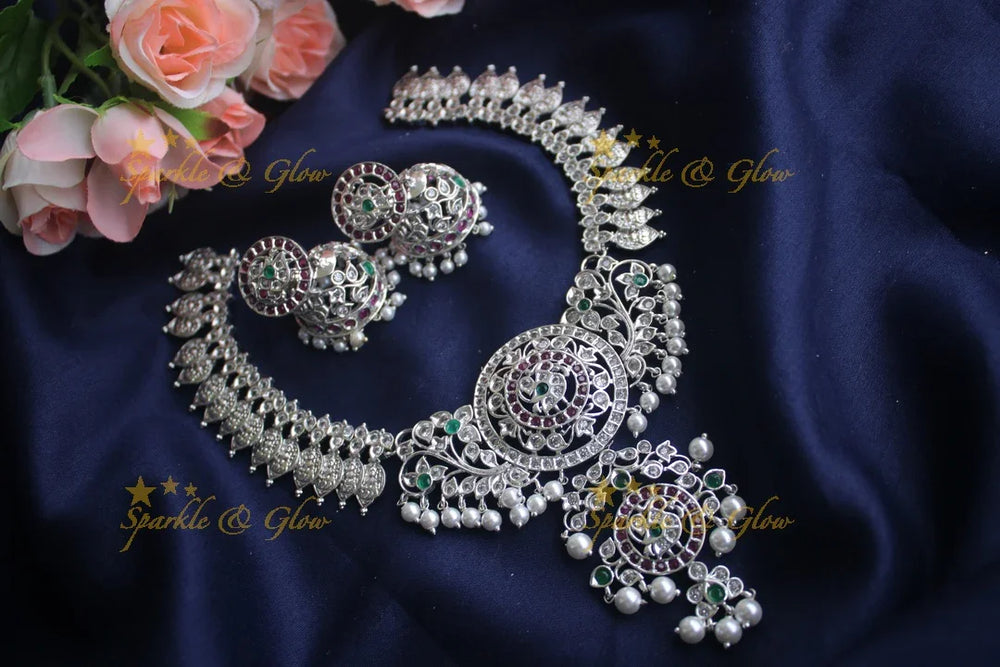 Matte silver cz stone Lakshmi coin necklace - Sparkle and Glow