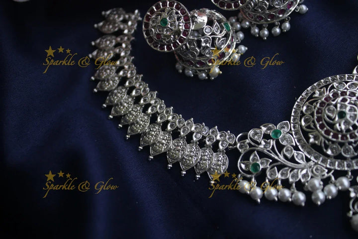 Matte silver cz stone Lakshmi coin necklace - Sparkle and Glow