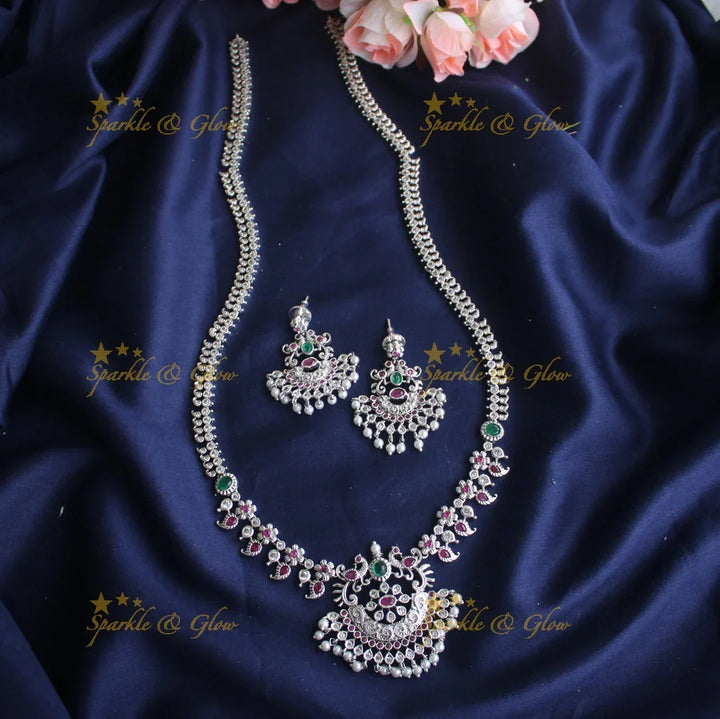 Matte silver Elegant and simple Mango CZ stones peacok haram - Green Pink - Sparkle and Glow