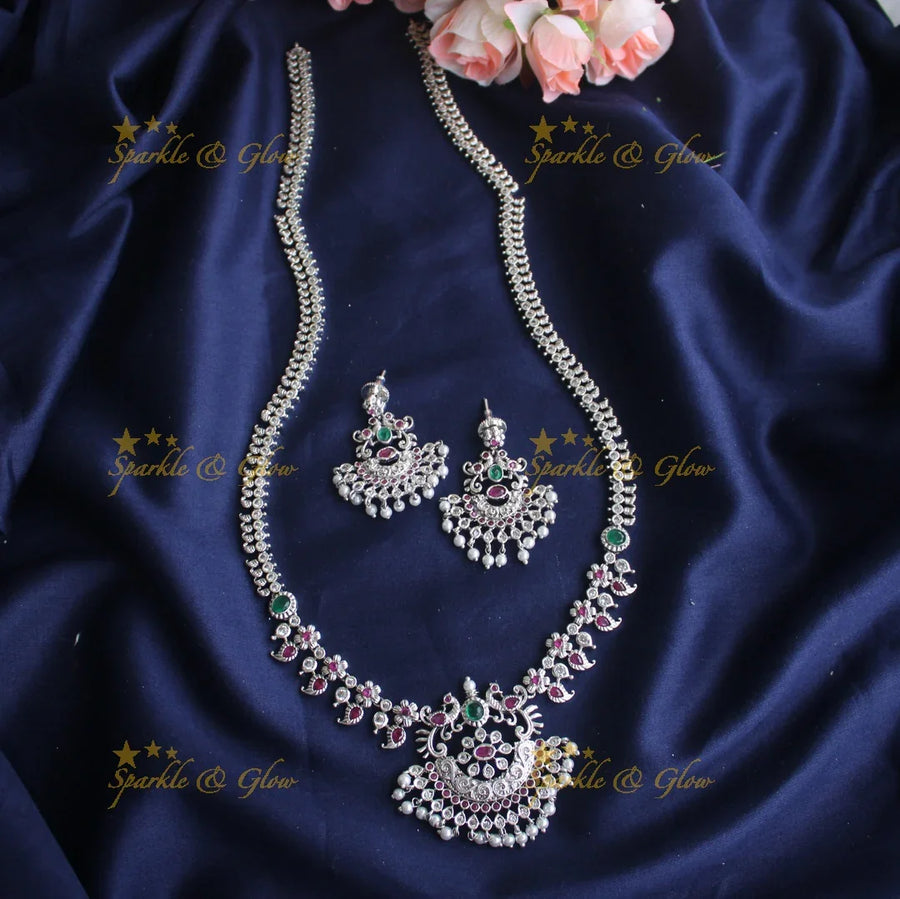 Matte silver Elegant and simple Mango CZ stones peacok haram - Green Pink - Sparkle and Glow